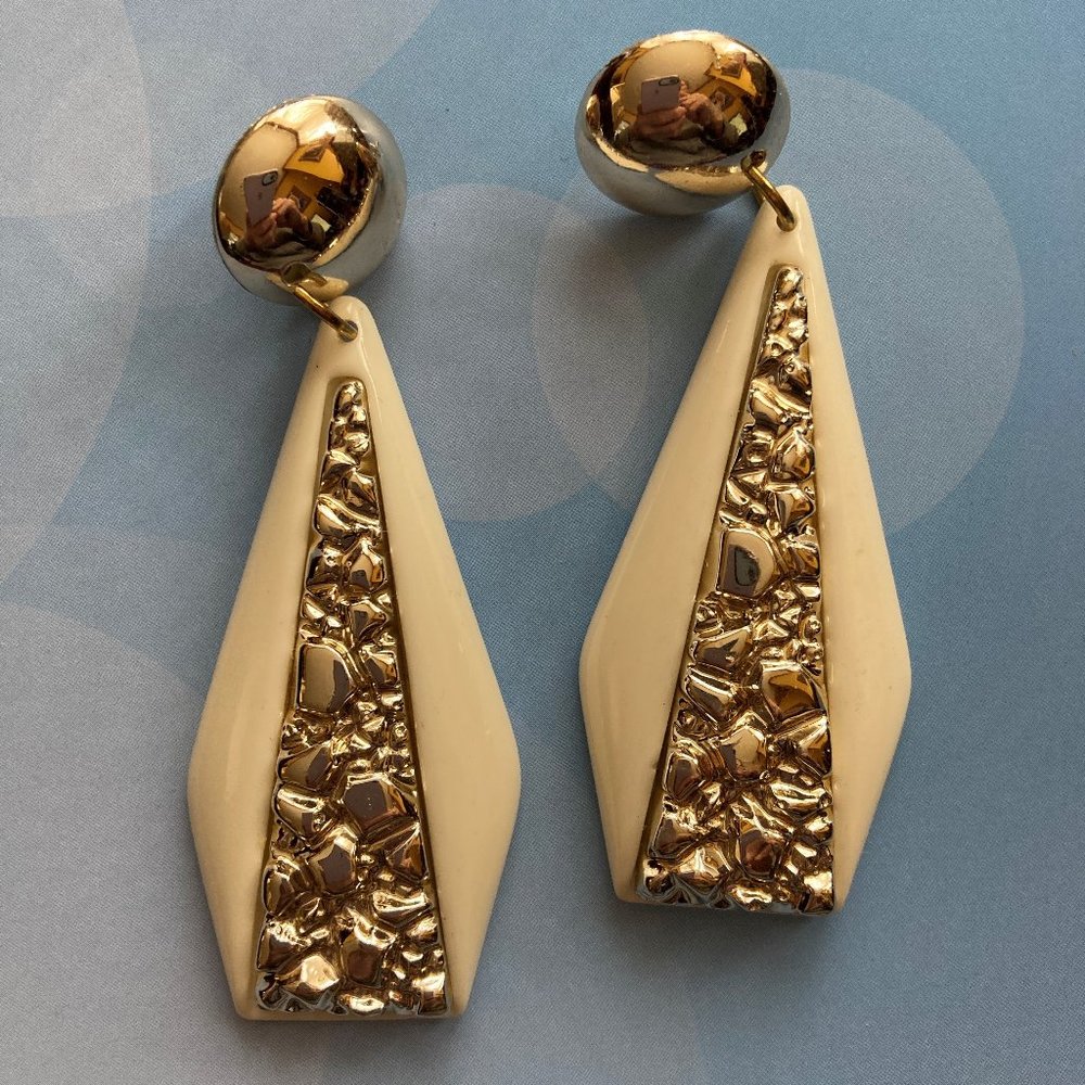 Pendant Earrings, Costume, Metallic shimmer.